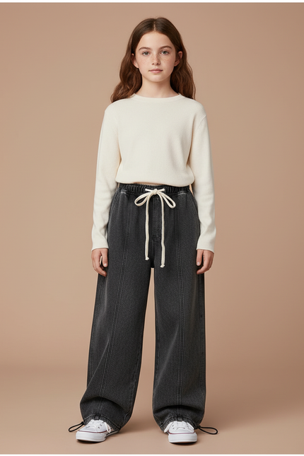 Pantalon Parachute Gris Denim Ample Cordon Enfant - Jean