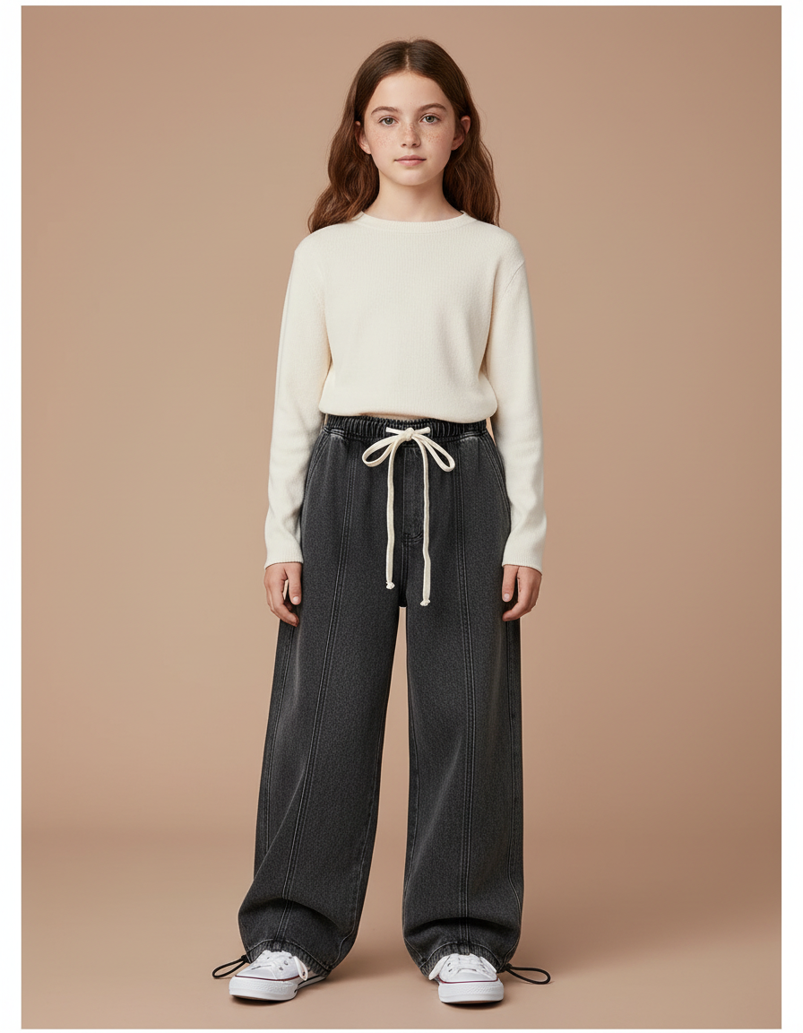 Pantalon Parachute Gris Denim Ample Cordon Enfant - Jean
