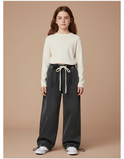Pantalon Parachute Gris Denim Ample Cordon Enfant - Jean