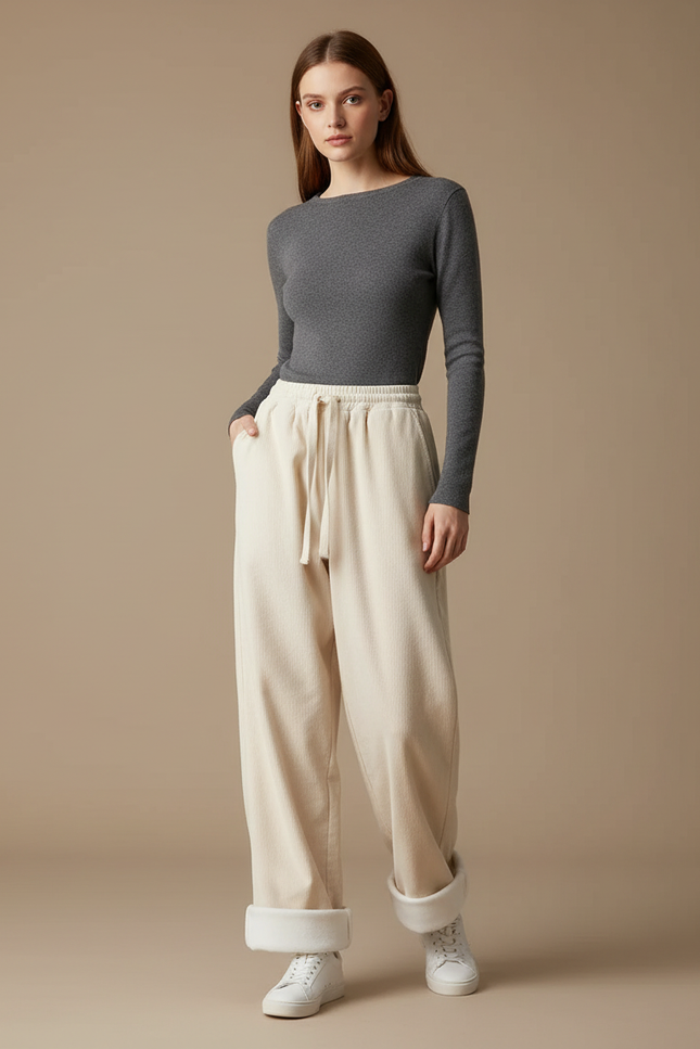 Pantalon Parachute Beige Côtelé Ample Décontracté Doublé Polaire - Cordé