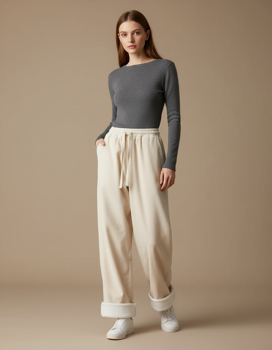 Pantalon Parachute Beige Côtelé Ample Décontracté Doublé Polaire - Cordé