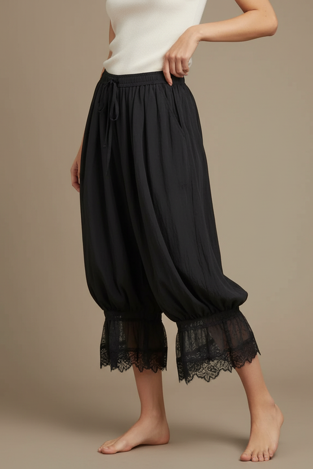 Pantalon Parachute Noir Fluide Ample Dentelle Femme - Viscose