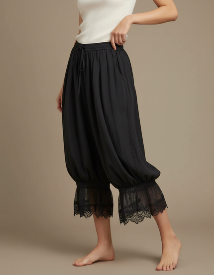 Pantalon Parachute Noir Fluide Ample Dentelle Femme - Viscose