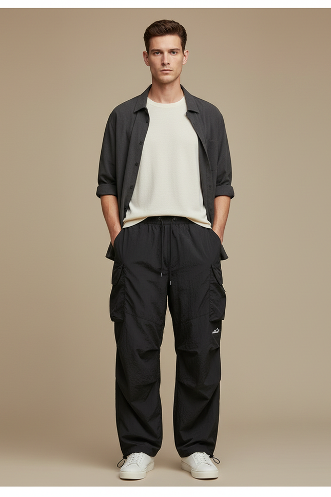 Pantalon Parachute Noir Cargo Ample Tactique Homme - Polyester