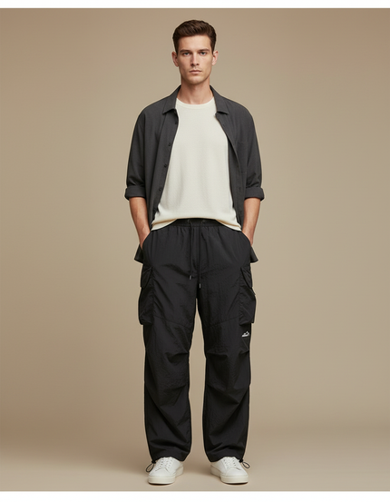 Pantalon Parachute Noir Cargo Ample Tactique Homme - Polyester