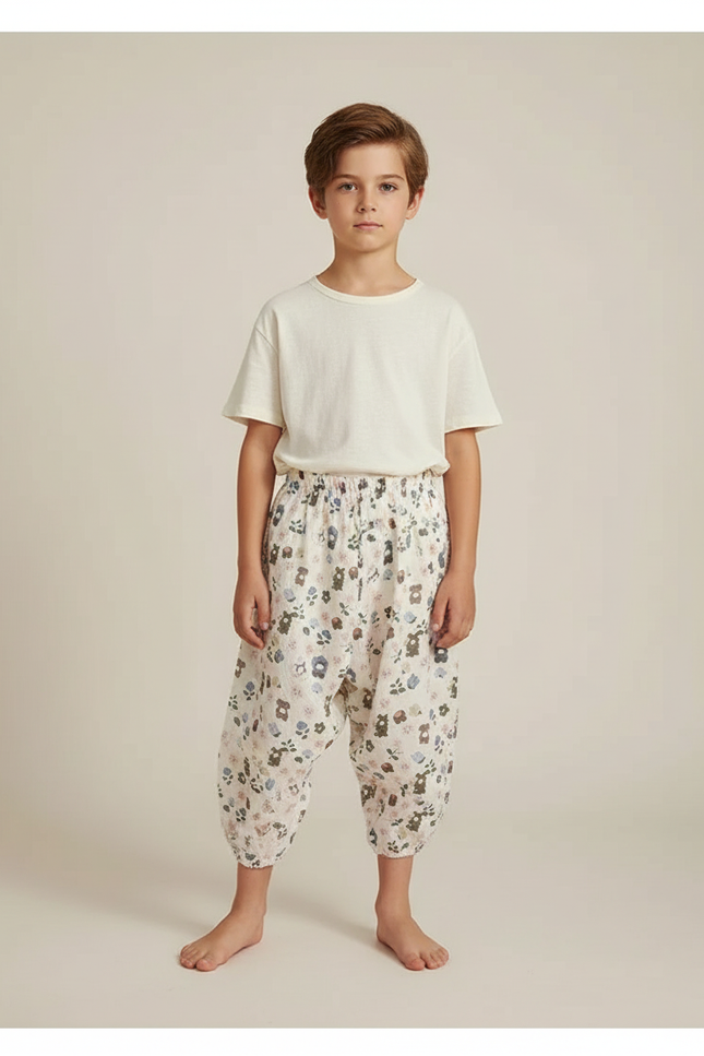 Pantalon Parachute Imprimé Fleuri Ours Ample Coton Enfant