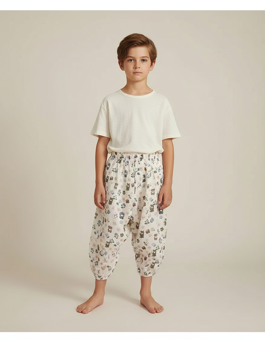 Pantalon Parachute Imprimé Fleuri Ours Ample Coton Enfant