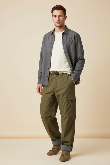 Pantalon Parachute Kaki Cargo Ample Doublé Homme - Polyester