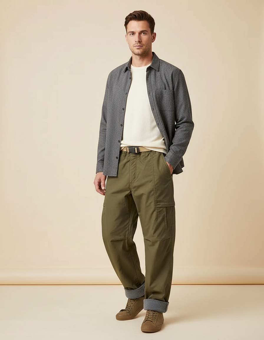 Pantalon Parachute Kaki Cargo Ample Doublé Homme - Polyester