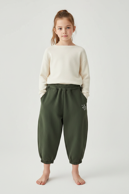 Pantalon Parachute Vert Ample Molleton Imprimé Étoile - Kaki