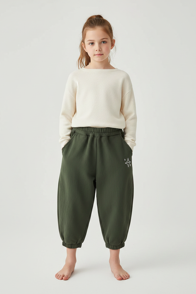 Pantalon Parachute Vert Ample Molleton Imprimé Étoile - Kaki