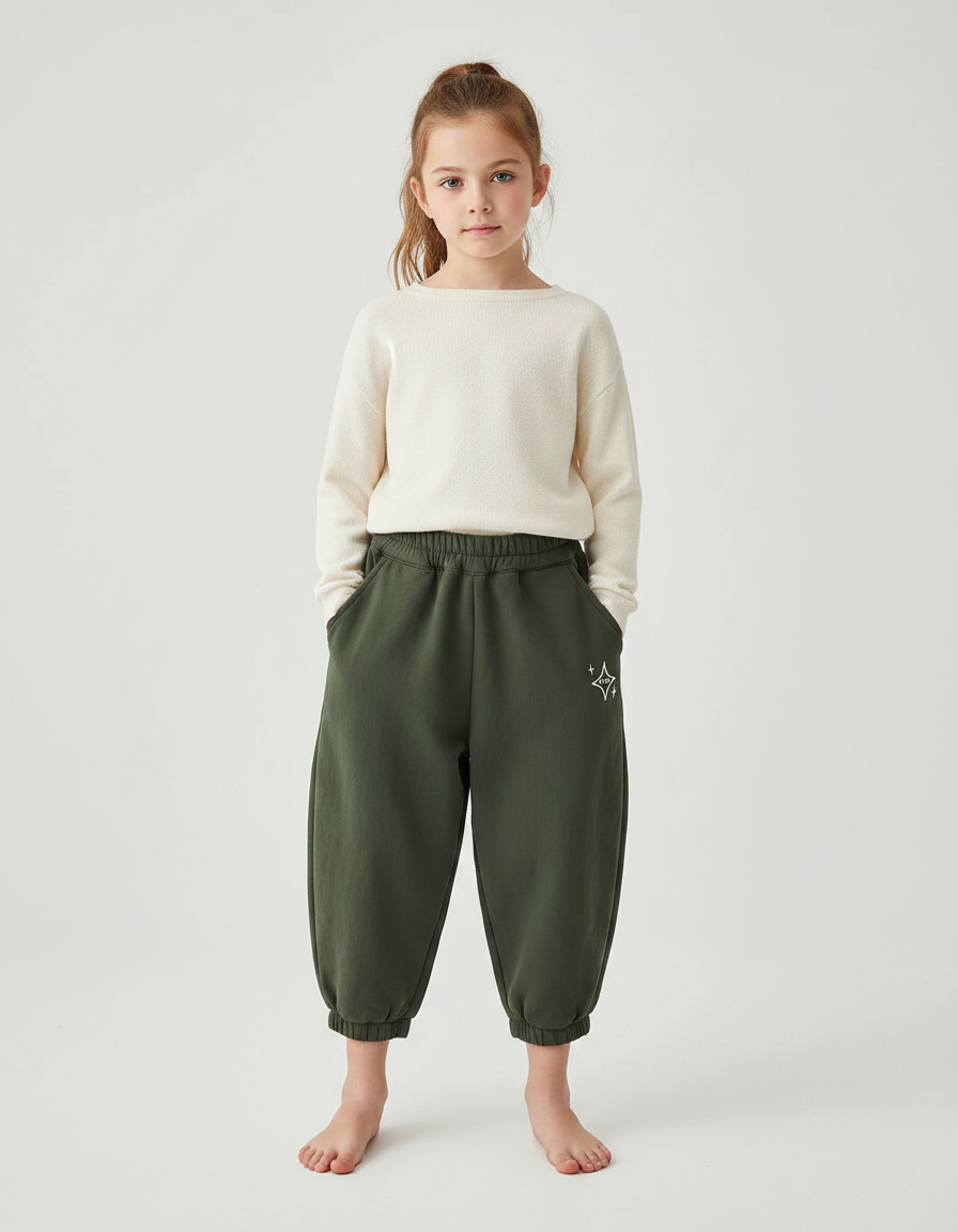 Pantalon Parachute Vert Ample Molleton Imprimé Étoile - Kaki