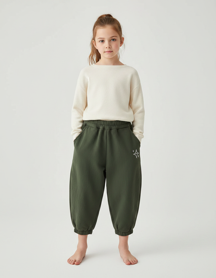 Pantalon Parachute Vert Ample Molleton Imprimé Étoile - Kaki