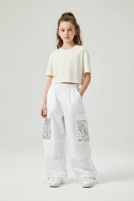 Pantalon Parachute Blanc Ample Sequin Fille Casual - Polyester