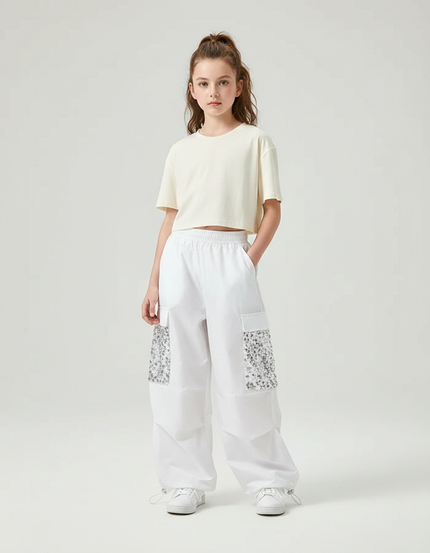 Pantalon Parachute Blanc Ample Sequin Fille Casual - Polyester