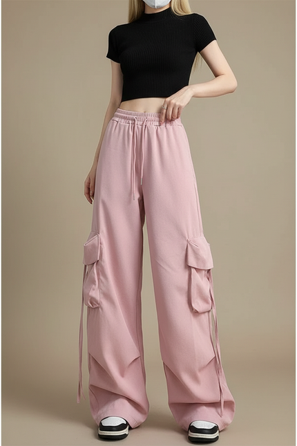 Pantalon Parachute Rose Ample Cargo Cordon Femme - Molleton