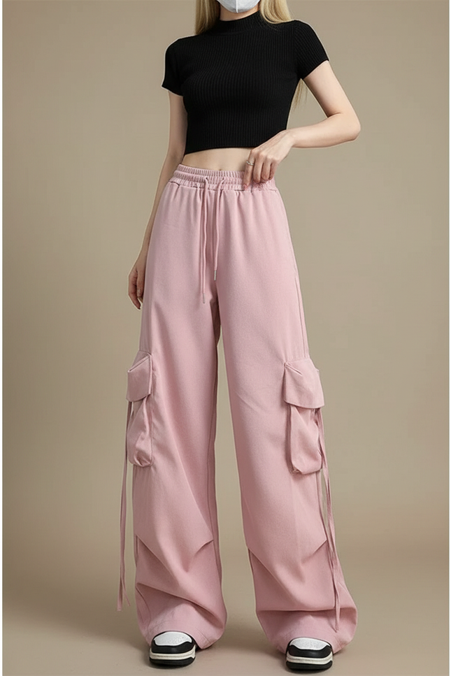 Pantalon Parachute Rose Ample Cargo Cordon Femme - Molleton