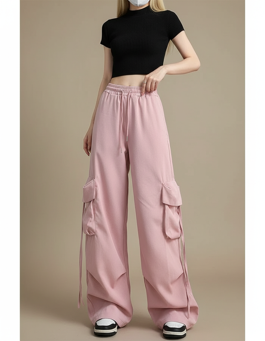 Pantalon Parachute Rose Ample Cargo Cordon Femme - Molleton