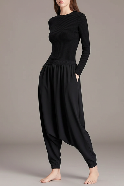 Pantalon Parachute Noir Ample Harem Fluide Confortable - Polyester