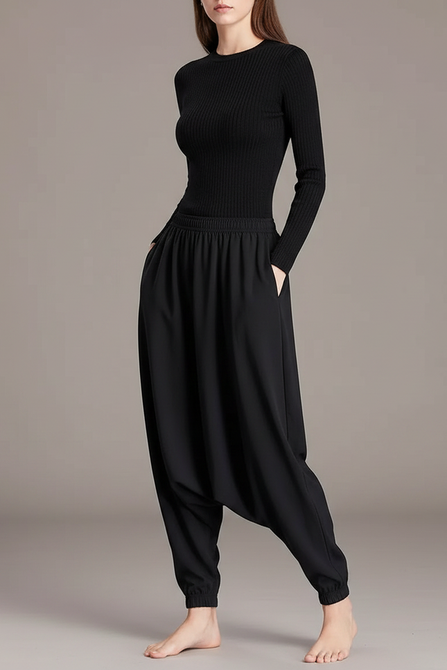 Pantalon Parachute Noir Ample Harem Fluide Confortable - Polyester