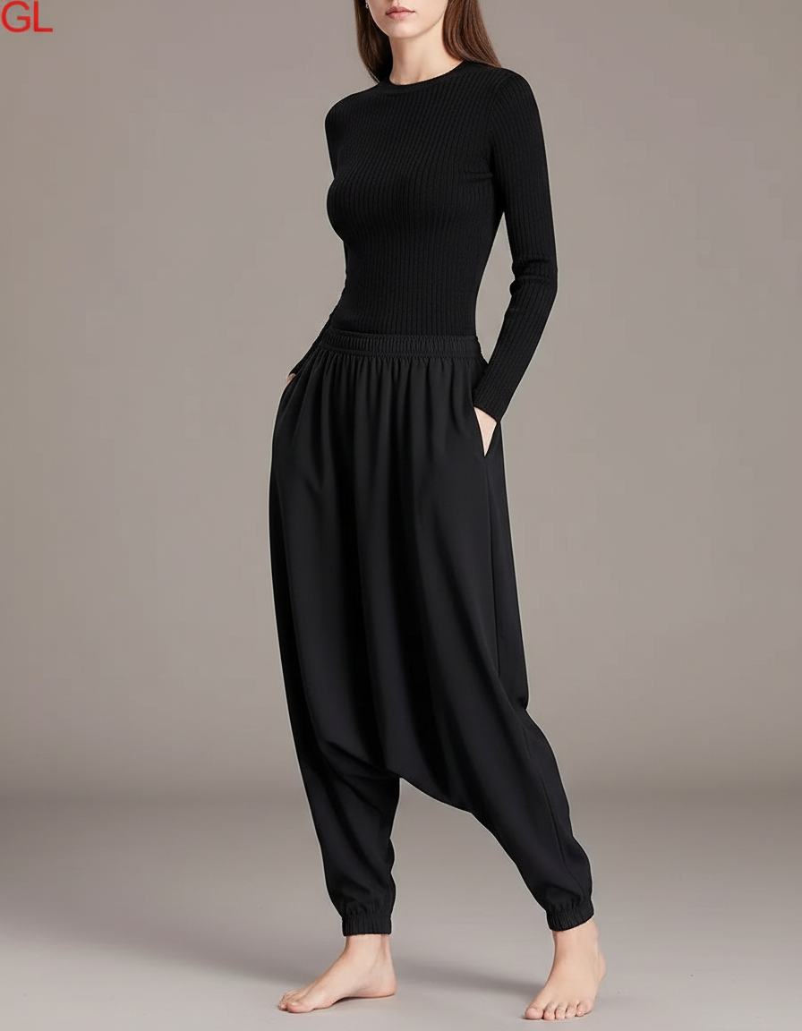 Pantalon Parachute Noir Ample Harem Fluide Confortable - Polyester