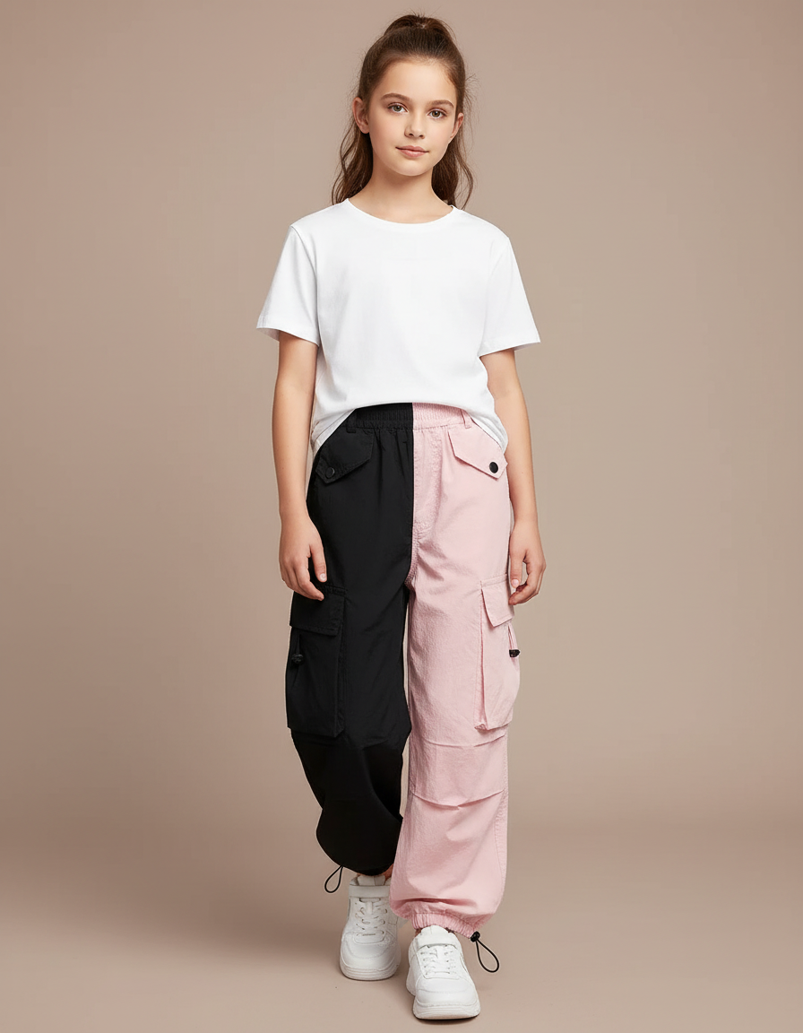 Pantalon Parachute Noir Rose Bicolore Cargo Fluide Fille - Multicolore Polyester