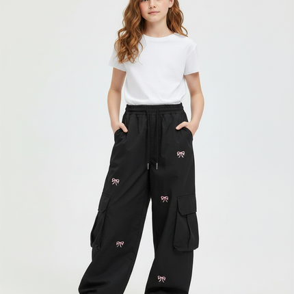 Pantalon Parachute Noir Cargo Ample Fille Nœuds Roses - Polyester