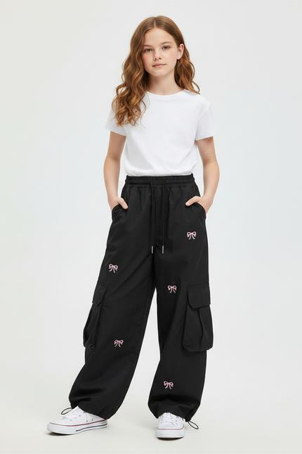 Pantalon Parachute Noir Cargo Ample Fille Nœuds Roses - Polyester