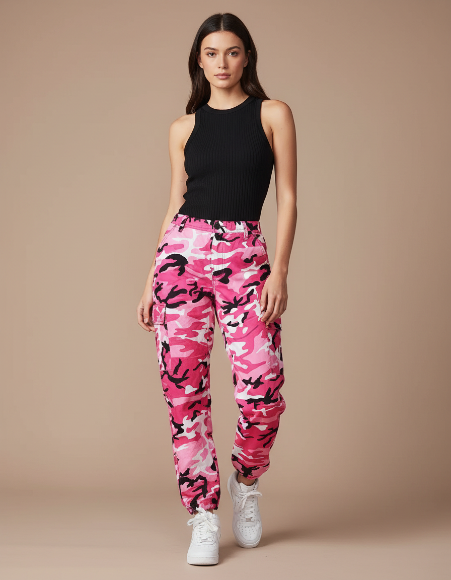Pantalon Parachute Rose Camouflage Cargo Ample Femme Streetwear - Toile