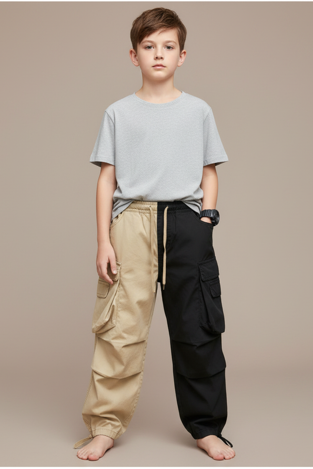 Pantalon Parachute Bicolore Cargo Coton Ample Garçon - Multicolore Toile