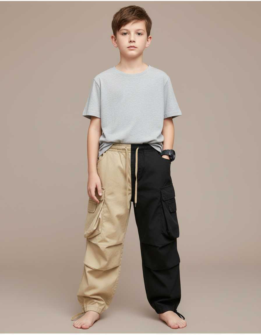 Pantalon Parachute Bicolore Cargo Coton Ample Garçon - Multicolore Toile