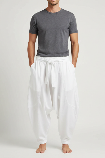 Pantalon Parachute Blanc Ample Décontracté Coton Homme