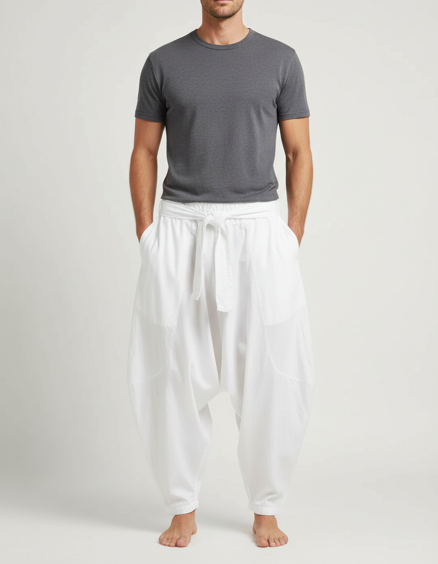 Pantalon Parachute Blanc Ample Décontracté Coton Homme