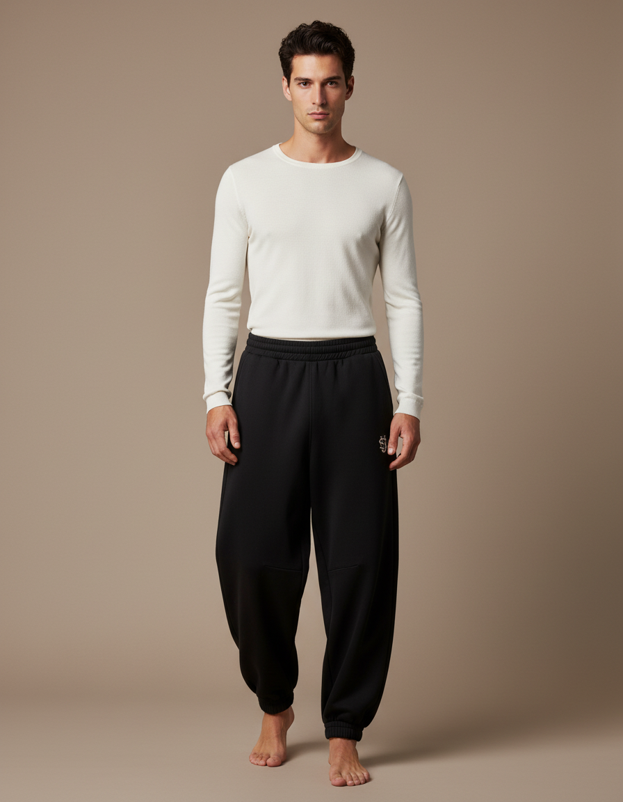 Pantalon Parachute Noir Ample Brodé Homme - Molleton