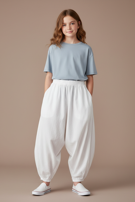 Pantalon Parachute Blanc Ample Coton Enfant Fluide