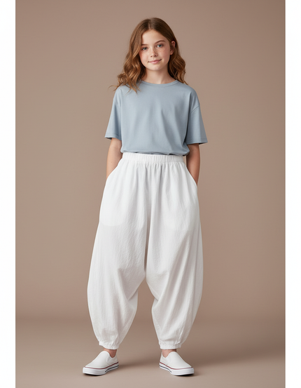 Pantalon Parachute Blanc Ample Coton Enfant Fluide
