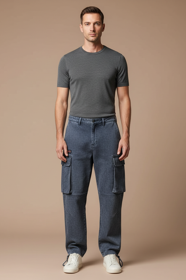 Pantalon Parachute Denim Cargo Ample Homme Décontracté - Bleu Jean
