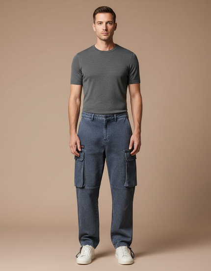 Pantalon Parachute Denim Cargo Ample Homme Décontracté - Bleu Jean