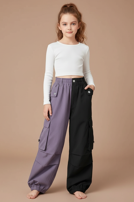 Pantalon Parachute Bicolore Ample Cargo Fille - Multicolore Polyester