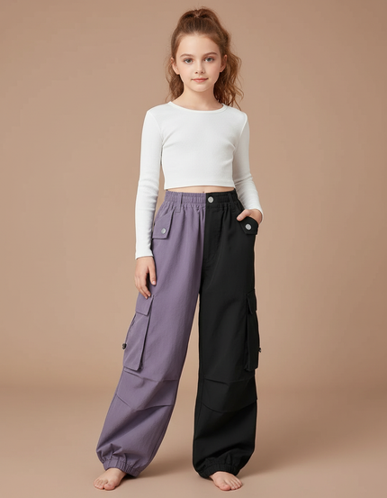 Pantalon Parachute Bicolore Ample Cargo Fille - Multicolore Polyester