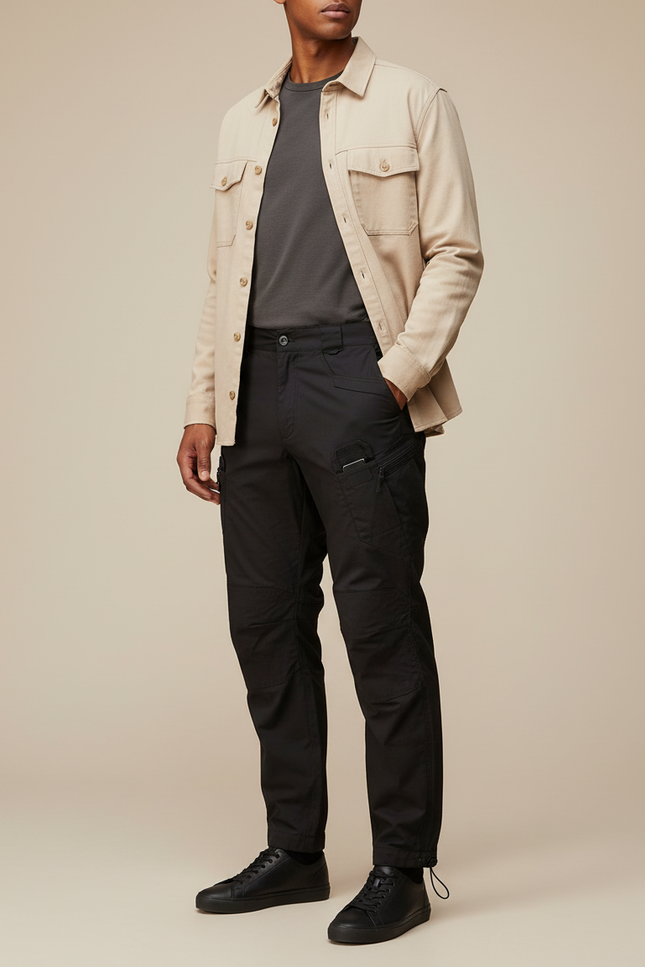 Pantalon Parachute Noir Cargo Homme Décontracté - Polyester