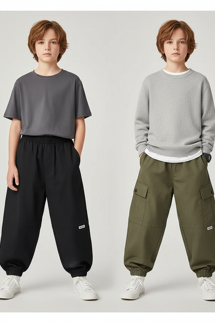 Pantalon Parachute Cargo Ample Garçon Décontracté Moderne - Kaki Gabardine