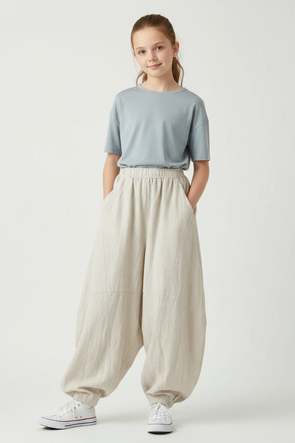 Pantalon Parachute Beige Lin Ample Décontracté