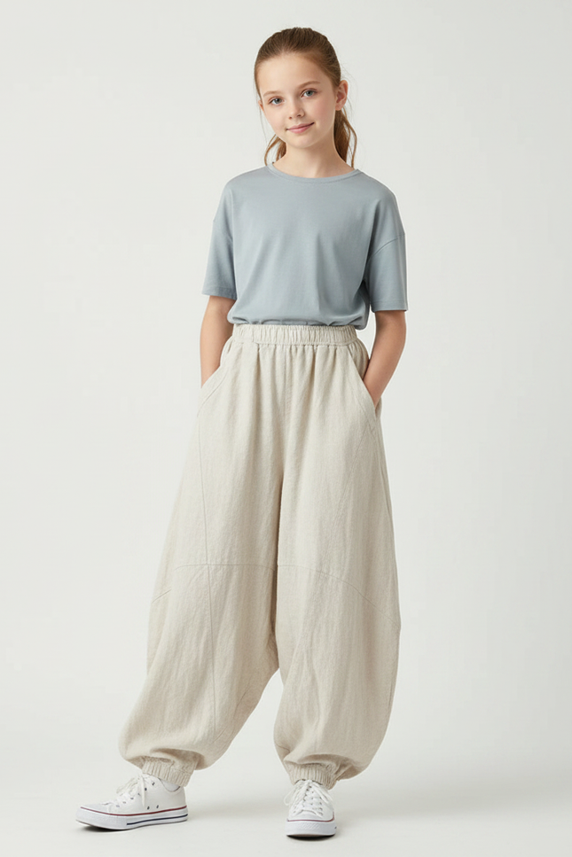 Pantalon Parachute Beige Lin Ample Décontracté
