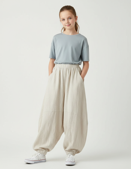 Pantalon Parachute Beige Lin Ample Décontracté