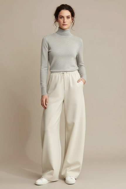 Pantalon Parachute Crème Fluide Ample Cordon Décontracté - Beige Simili cuir