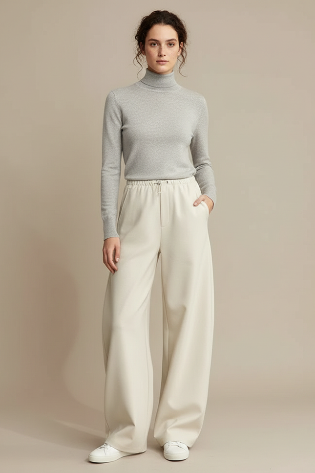 Pantalon Parachute Crème Fluide Ample Cordon Décontracté - Beige Simili cuir