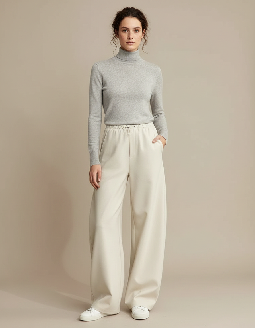 Pantalon Parachute Crème Fluide Ample Cordon Décontracté - Beige Simili cuir