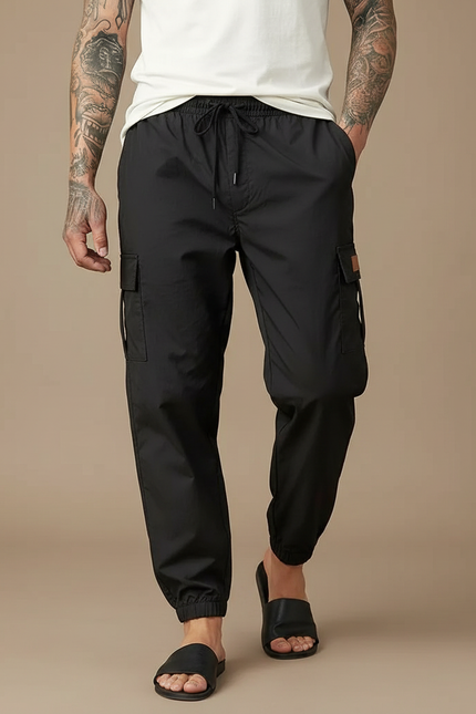 Pantalon Parachute Noir Cargo Cordon Fluide Homme - Polyester