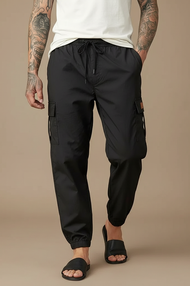 Pantalon Parachute Noir Cargo Cordon Fluide Homme - Polyester